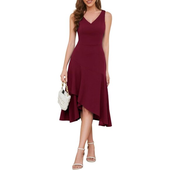 Women Midi Cocktail Dress V Neck High Low Formal Evening Wedding Guest - Picture 1 of 5